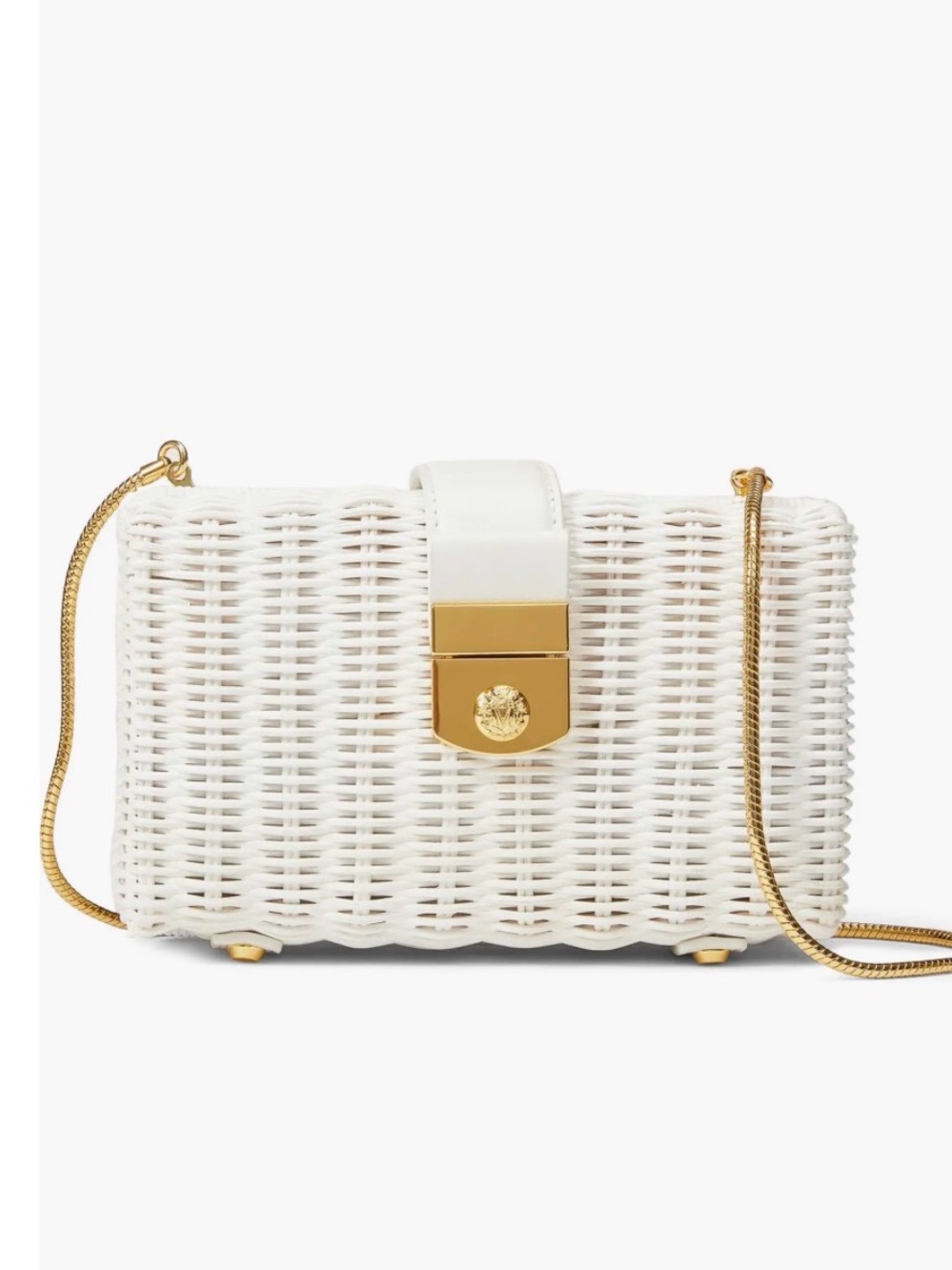 NWT Veronica Beard Lock Rattan/Leather Box Clutch Bag Purse, White / Gold